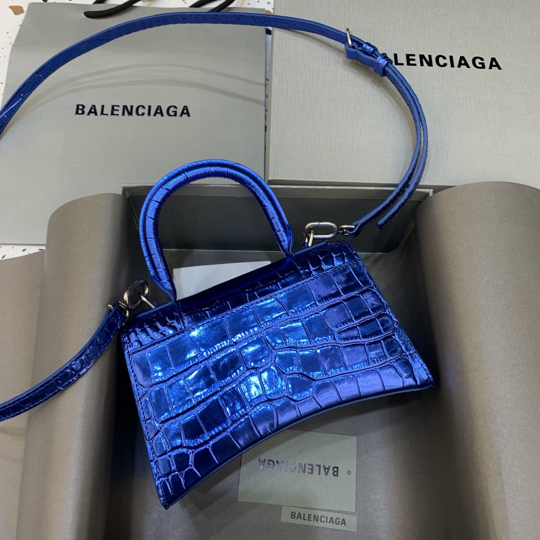 Balenciaga Hourglass XS Handbag Crocodile Embossed Shoulder Bag Blue